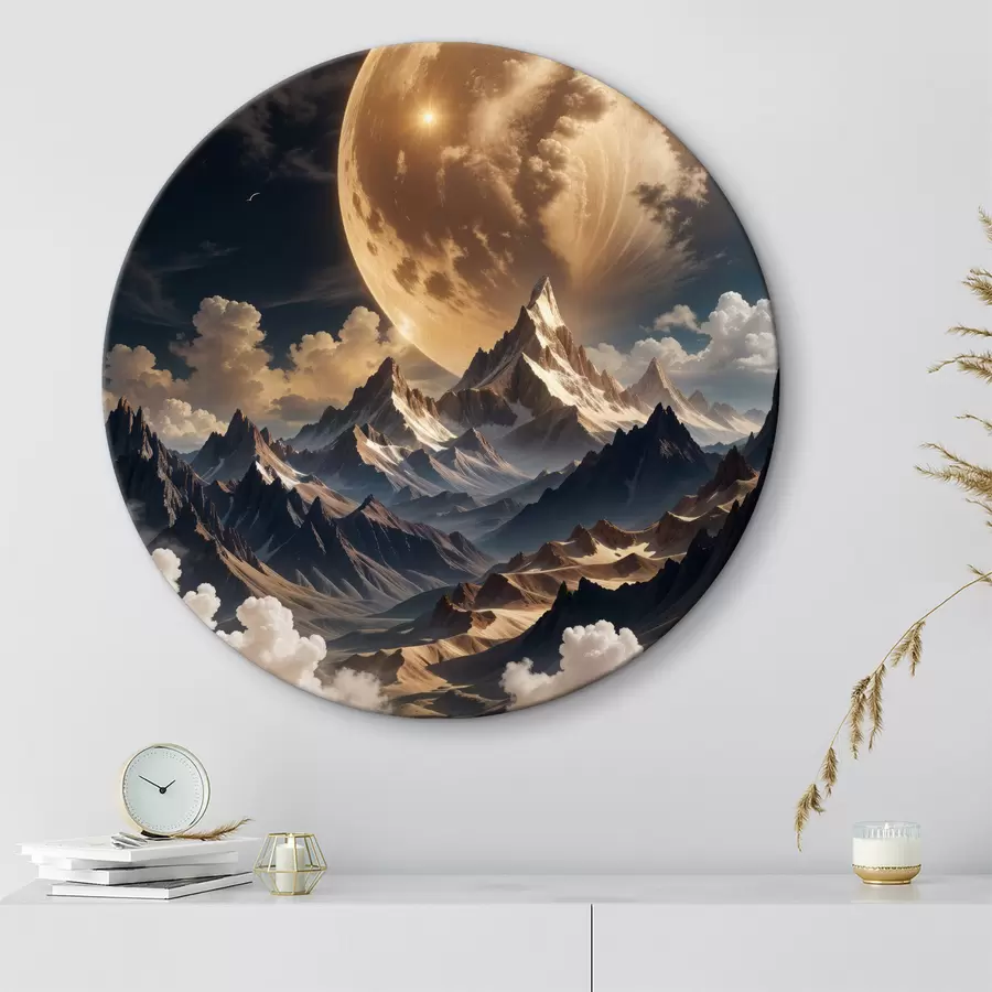 murales de pared Un paisaje surrealista con montañas cubiertas de nieve bajo una enorme luna llena, con nubes tenues r40147