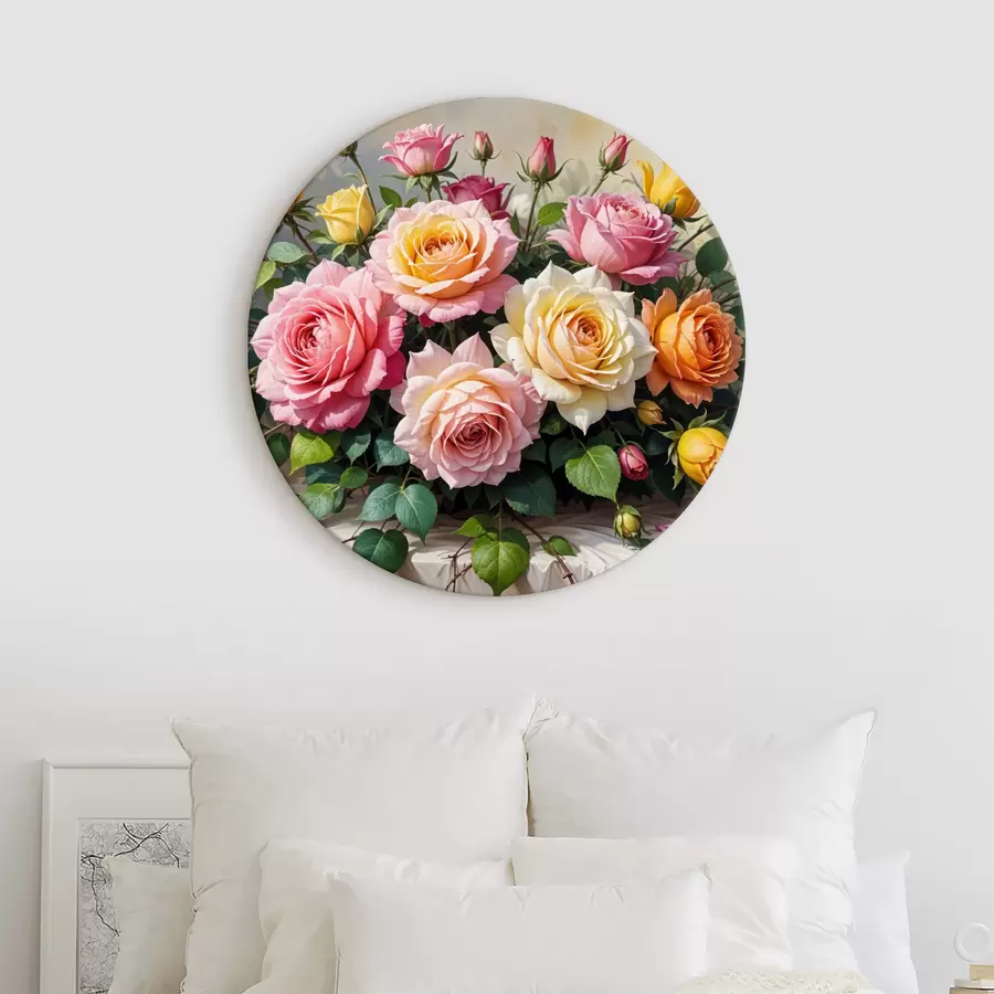 murales de pared Un ramo de rosas coloridas en varios tonos de rosa, amarillo y naranja, arregladas con hojas verdes r40149