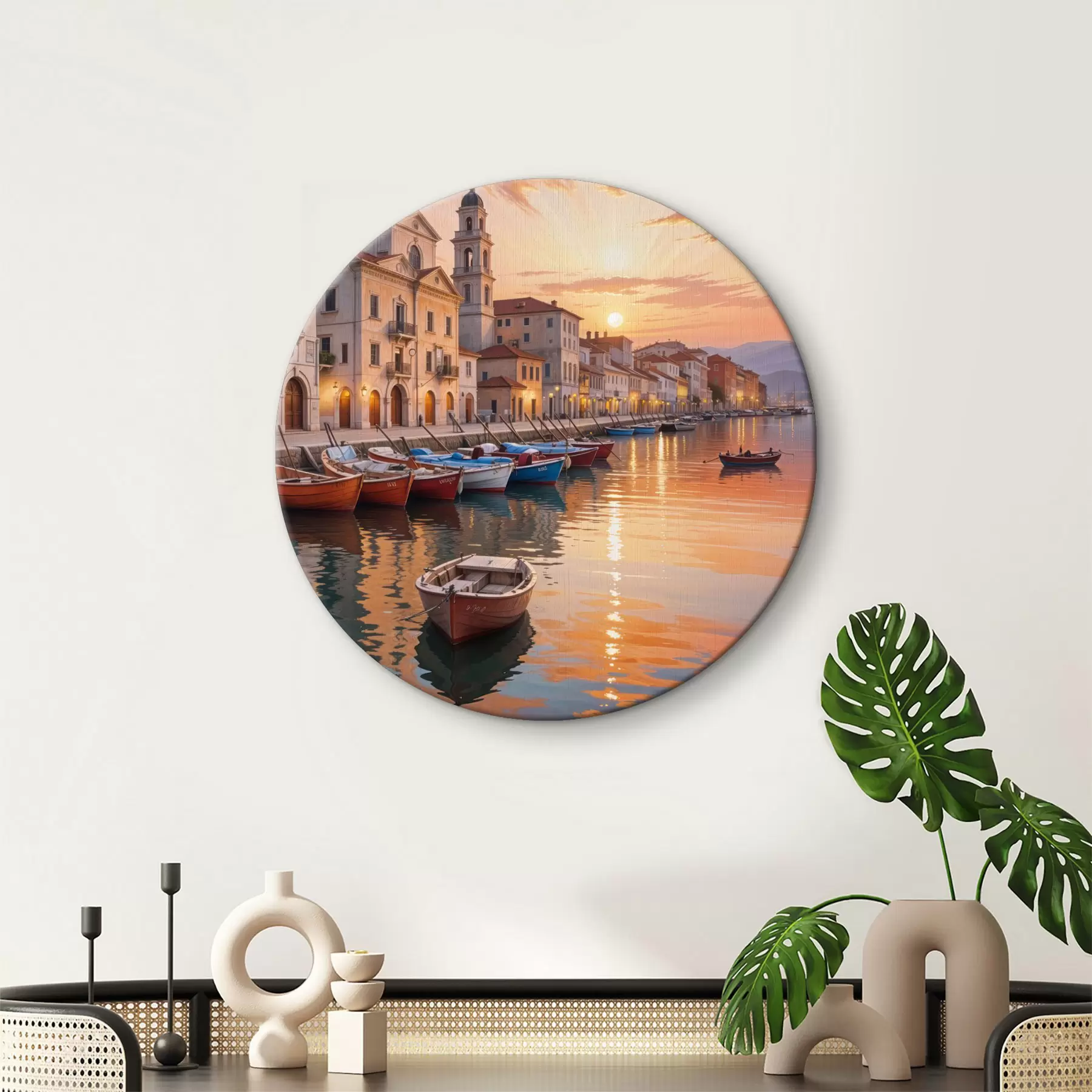 murales de pared Ciudad costera italiana al atardecer, con edificios coloridos a lo largo del paseo marítimo y barcos flotando en las tranquilas aguas r40150