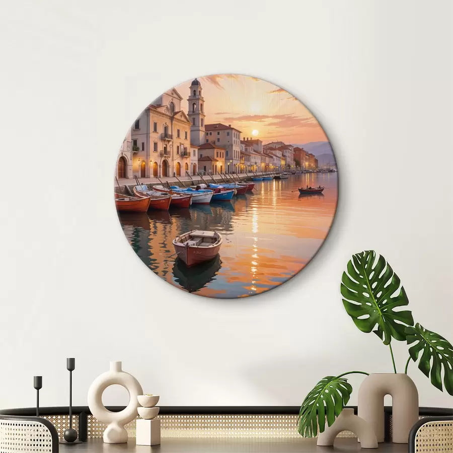 murales de pared Ciudad costera italiana al atardecer, con edificios coloridos a lo largo del paseo marítimo y barcos flotando en las tranquilas aguas r40150