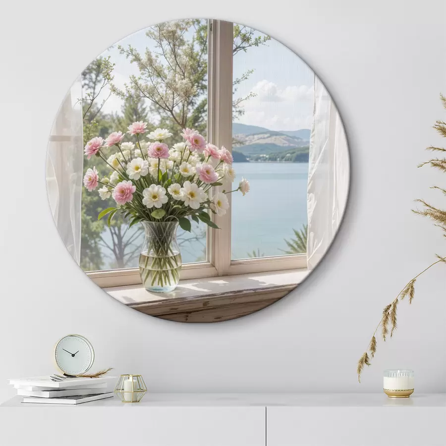 murales de pared Un ramo de flores rosas y blancas en un jarrón de vidrio colocado en el alféizar de una ventana, con un pintoresco lago y montañas r40151