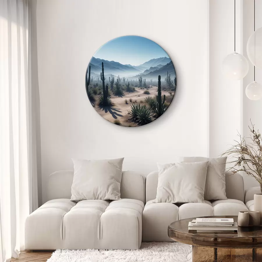 murales de pared Un paisaje desértico con altos cactus y plantas de yuca en primer plano, rodeado de montañas brumosas r40153