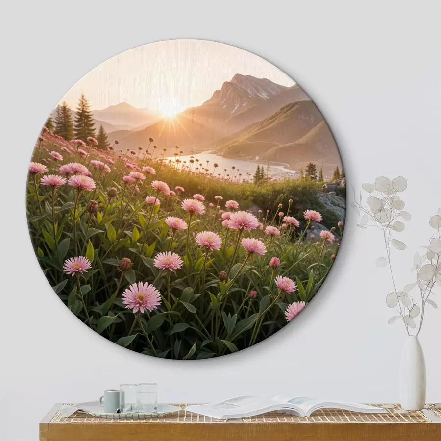 murales de pared Un campo de flores rosas parecidas a margaritas en primer plano, con una gran cadena montañosa al fondo r40154