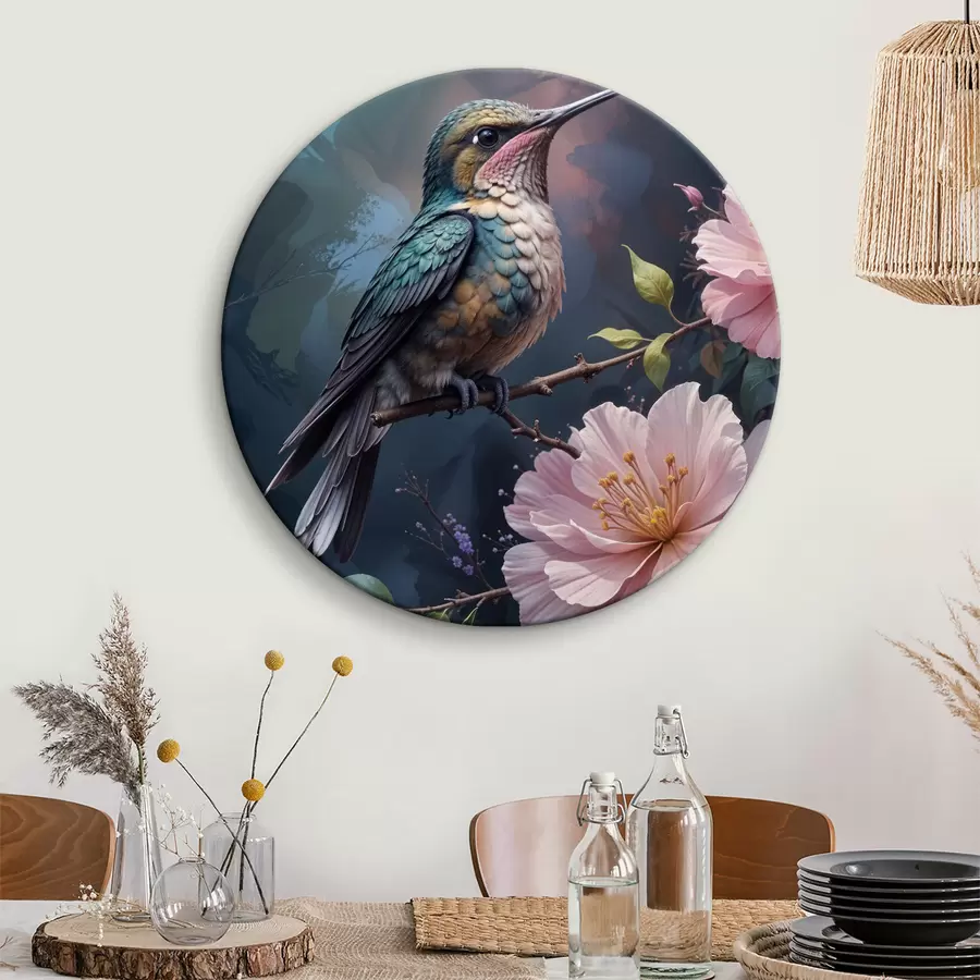 murales de pared Un colibrí colorido posado en una rama con flores rosas vibrantes en el fondo r40155