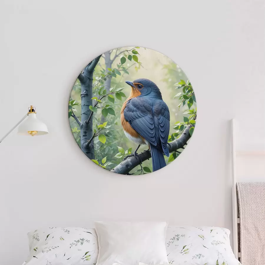 murales de pared Dos pájaros azules y naranjas posados en la rama de un árbol con hojas verdes en el fondo r40156