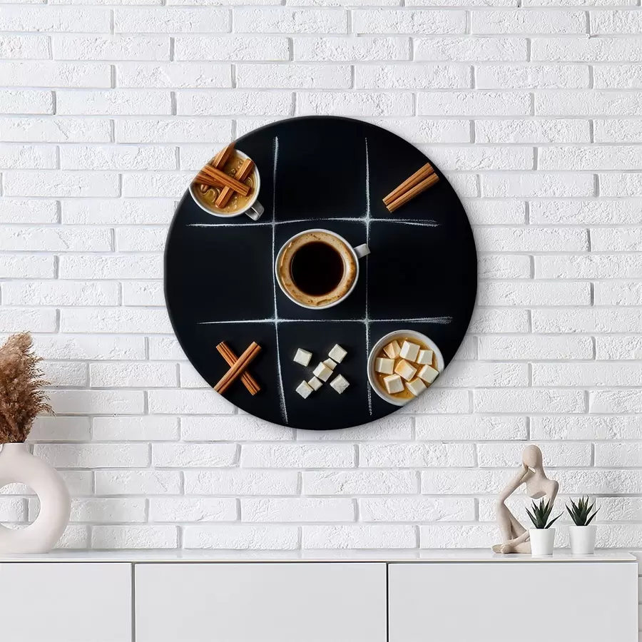 murales de pared Una taza de café con ramas de canela, terrones de azúcar y malvaviscos dispuestos en una cuadrícula de tres en raya r40163