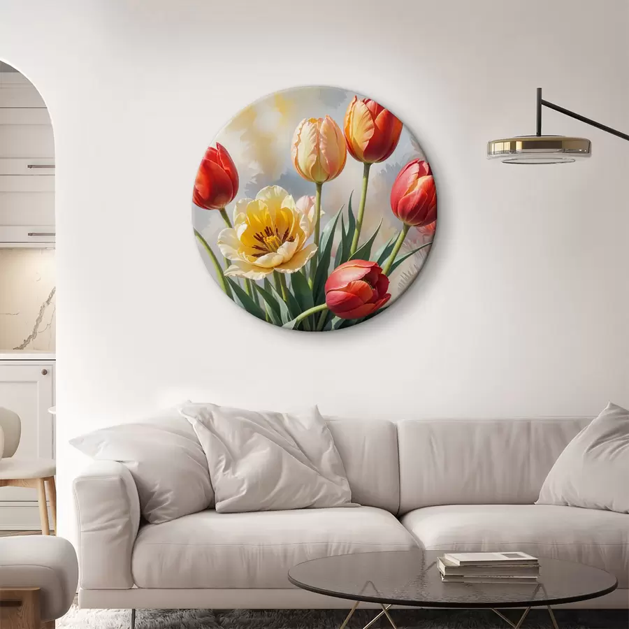 murales de pared Tulipanes coloridos en varios tonos de rojo, naranja y amarillo sobre un fondo claro r40167