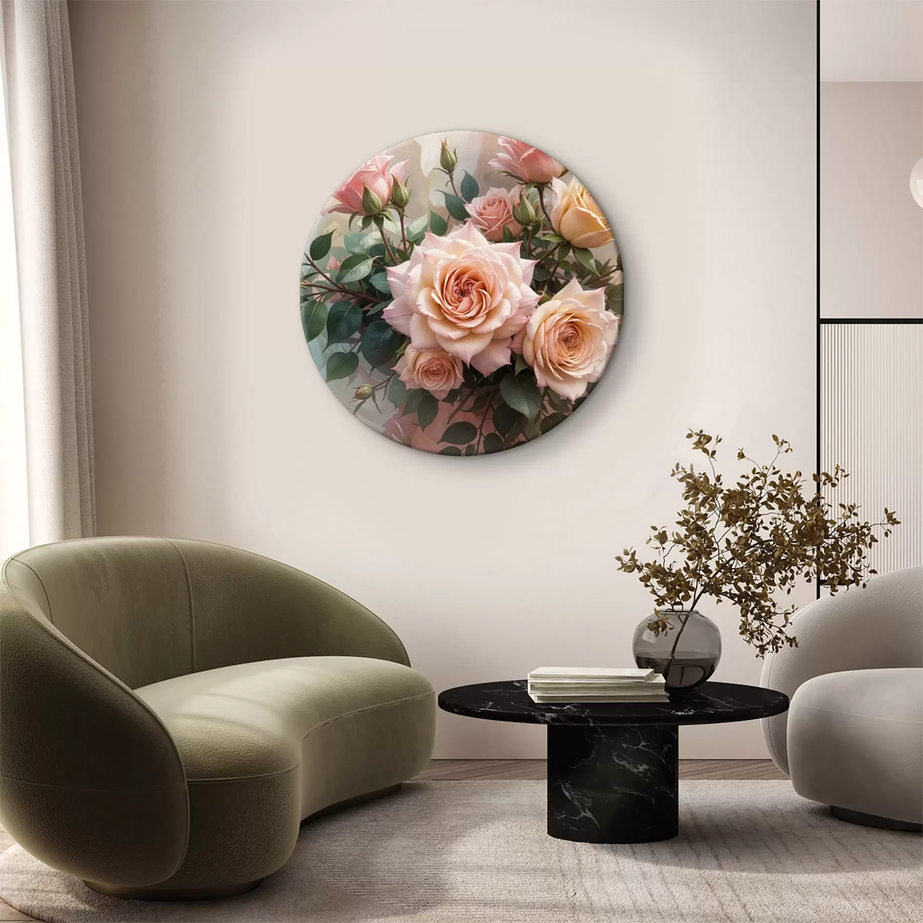 murales de pared Un ramo de hermosas rosas rosadas con hojas verdes sobre un fondo suave y borroso r40168