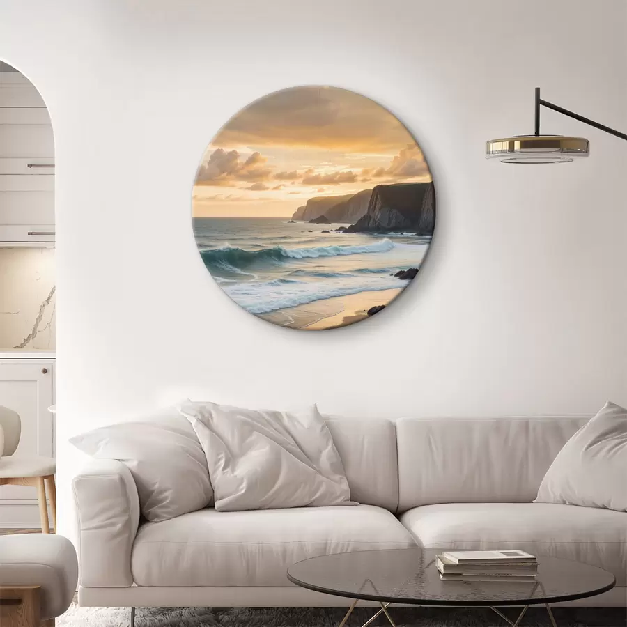 murales de pared Un pintoresco paisaje costero con espectaculares acantilados, olas rompientes y un cielo colorido al atardecer r40176