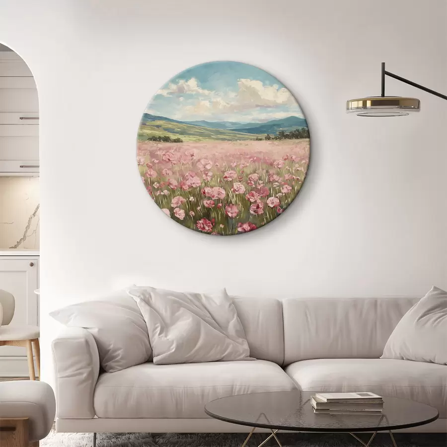 murales de pared Prado con flores rosas, montañas, paisaje natural, cielo azul con nubes, acrílico r40232