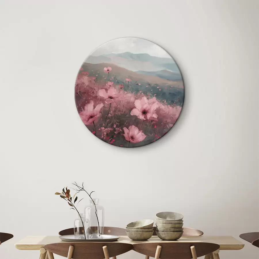 murales de pared Flores rosas en el prado, paisaje natural, montañas, pintura al óleo, pinceladas vívidas r40233