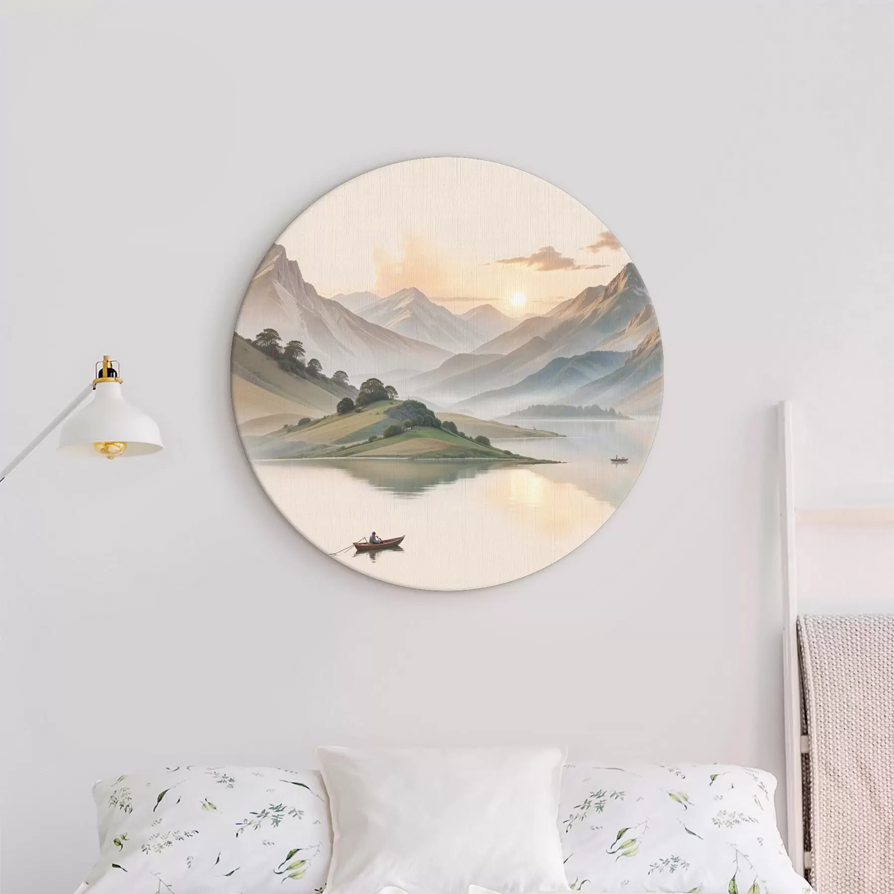 murales de pared Un paisaje sereno con un lago que refleja las montañas en el fondo con un pequeño bote en el agua tranquila r40391