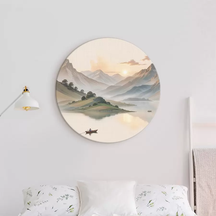 murales de pared Un paisaje sereno con un lago que refleja las montañas en el fondo con un pequeño bote en el agua tranquila r40391