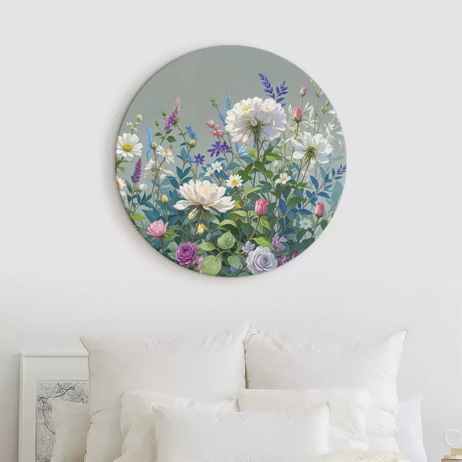 murales de pared Un jardín exuberante y vibrante lleno de una variedad de flores coloridas y plantas florecientes sobre un fondo gris r40393