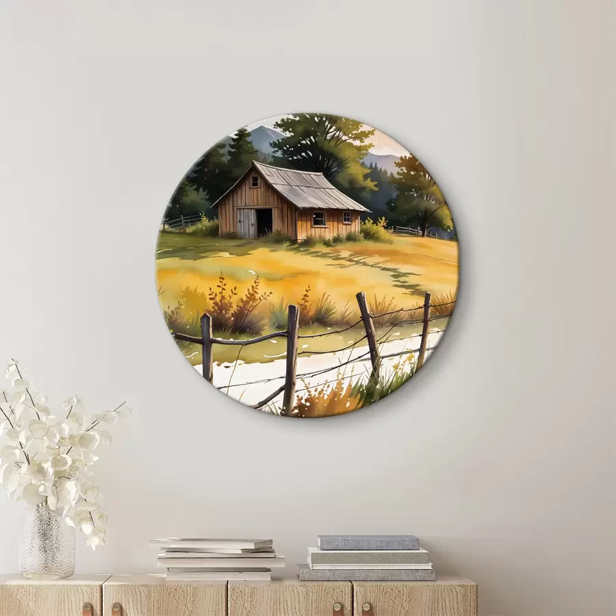 murales de pared Una antigua casa de madera en un entorno rural, rodeada de un campo de hierba, pinos y montañas r40394