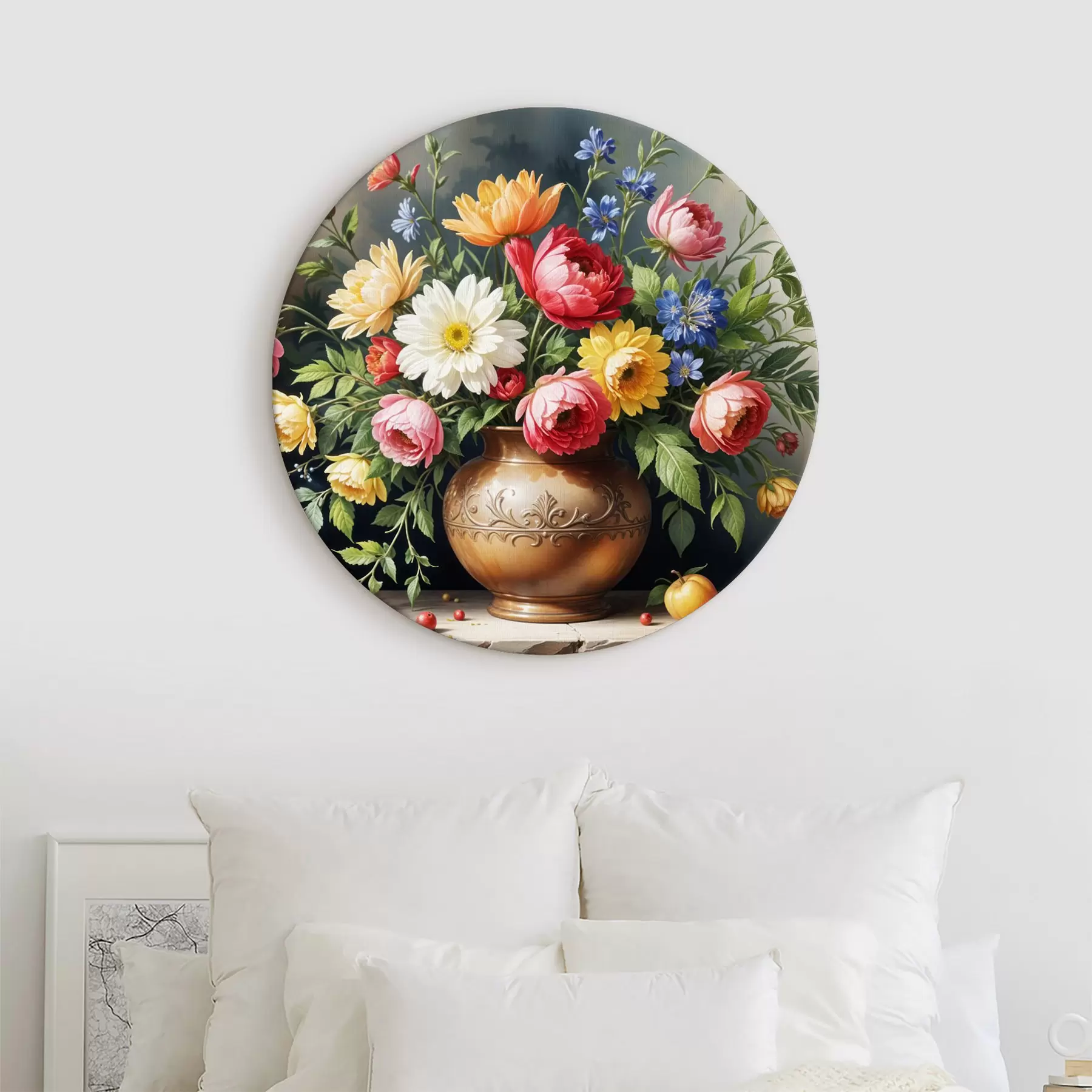 murales de pared Una pintura vibrante de un ramo de flores coloridas que incluye rosas rojas, narcisos amarillos y margaritas blancas r40395