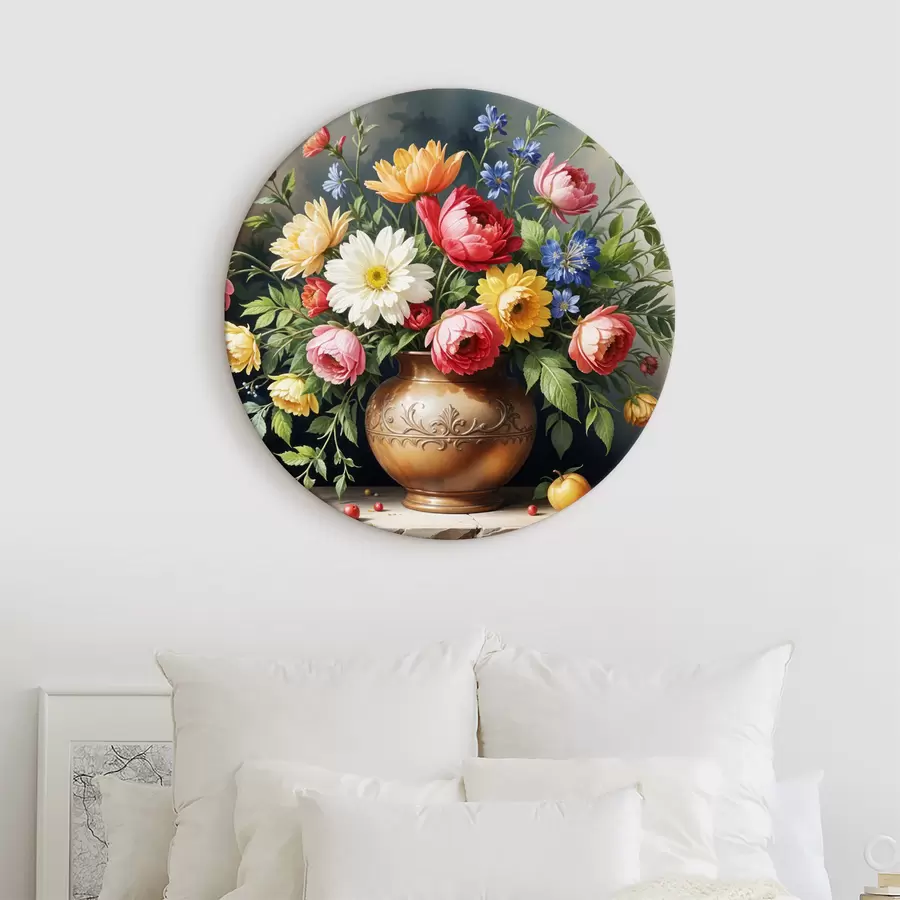 murales de pared Una pintura vibrante de un ramo de flores coloridas que incluye rosas rojas, narcisos amarillos y margaritas blancas r40395