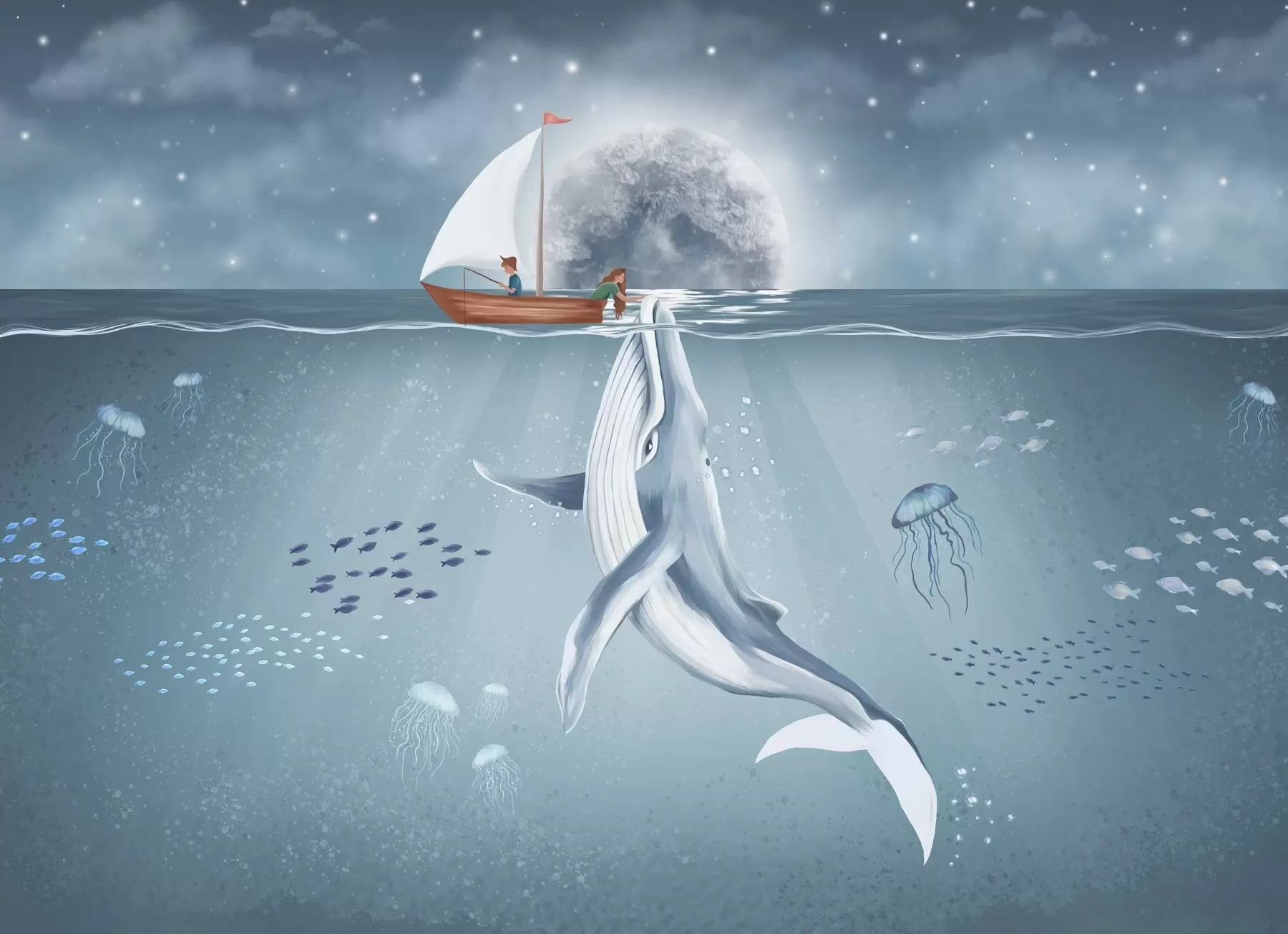 murales de pared Diseño infantil con ballena, luna y barco con niños w02476