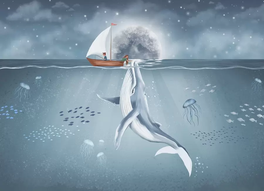 murales de pared Diseño infantil con ballena, luna y barco con niños w02476