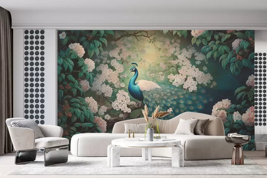 murales de pared Hermoso pavo real en ramas entre pequeñas flores w08475