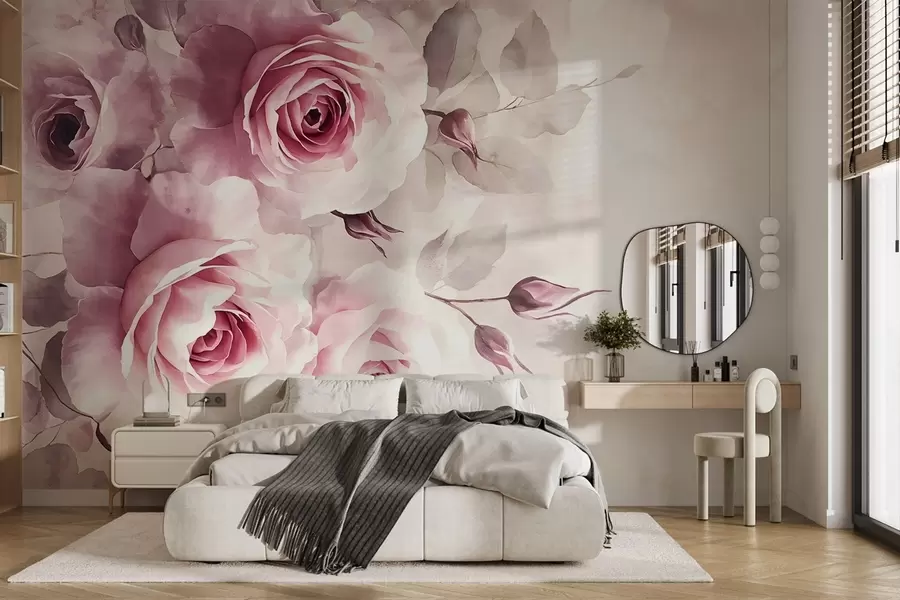 murales de pared Delicadas rosas y hojas rosa pastel con fondo suave y difuminado imitación acuarela w08459