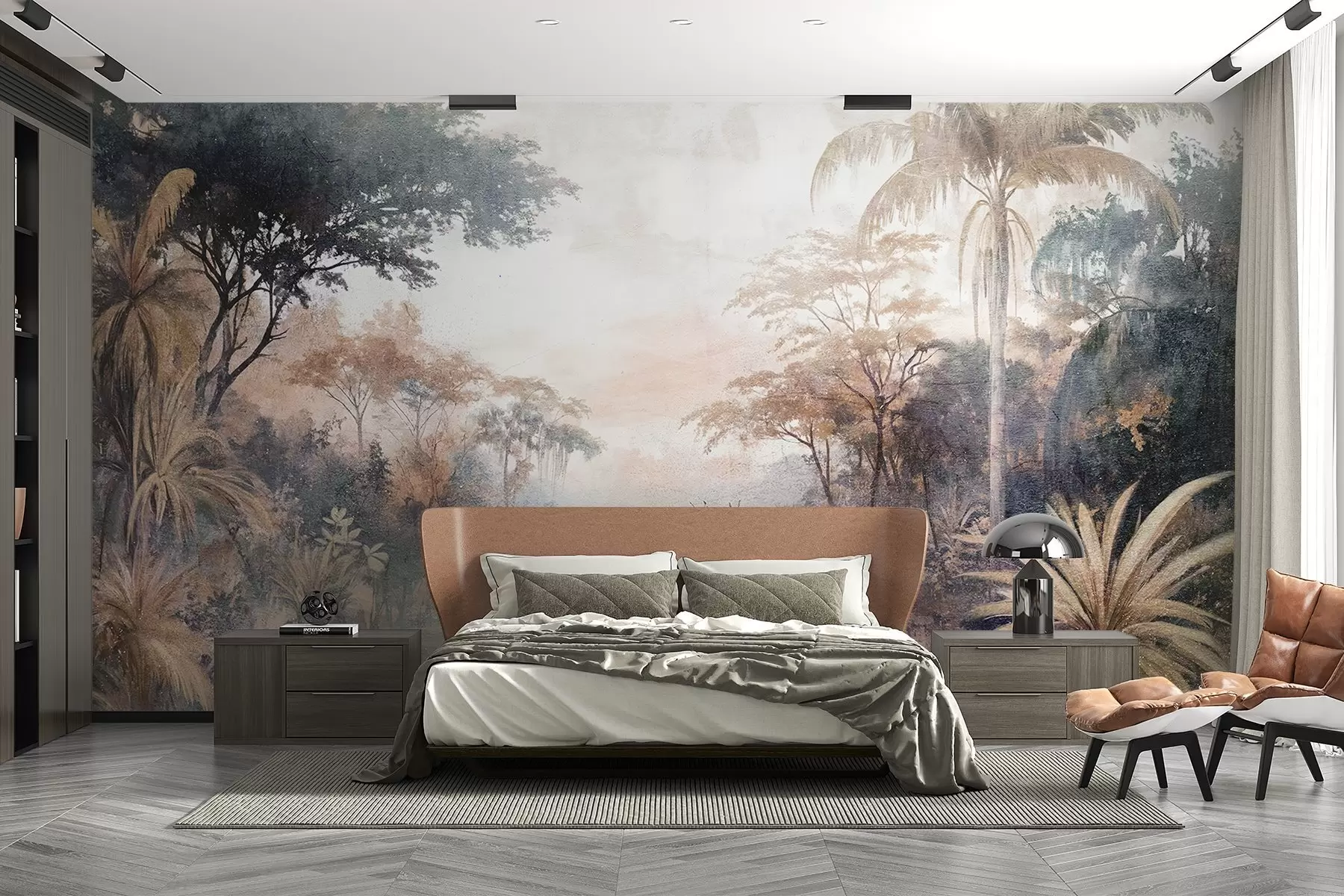 murales de pared Un paisaje tropical texturizado con un tranquilo río rodeado de exuberantes palmeras, arbustos y otros follajes w08460