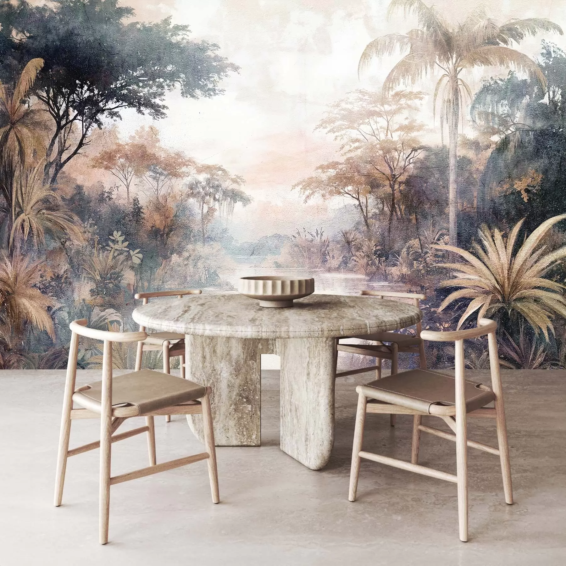 murales de pared Un paisaje tropical texturizado con un tranquilo río rodeado de exuberantes palmeras, arbustos y otros follajes w08460