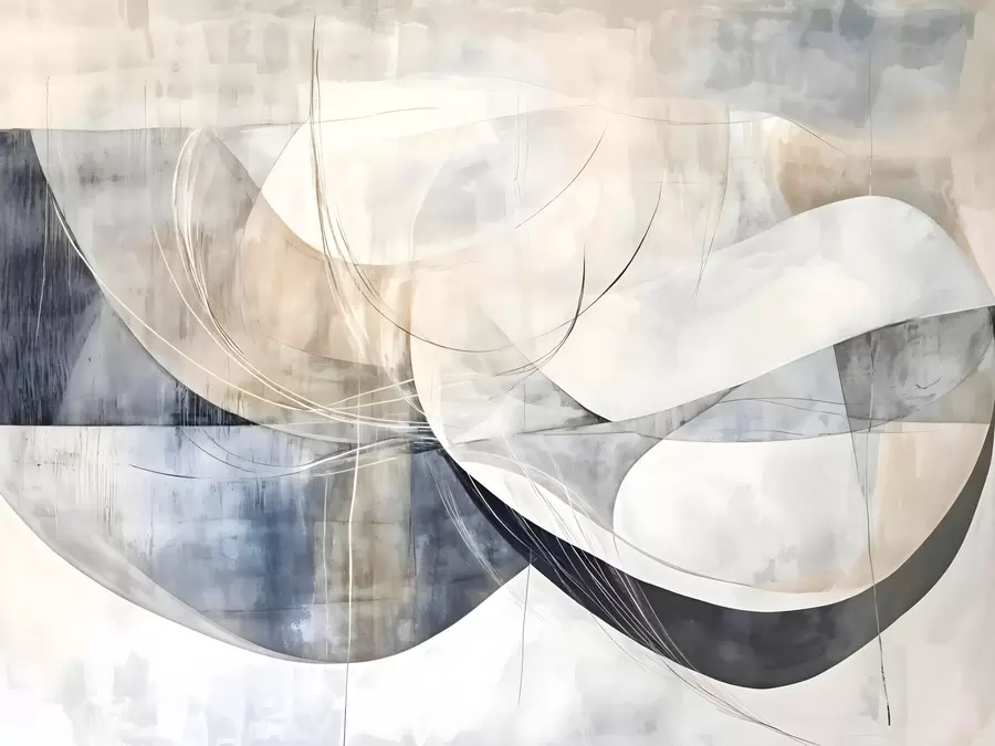 murales de pared Formas abstractas en tonos blancos, grises, beige y azules sobre un fondo de textura difuminada w08461