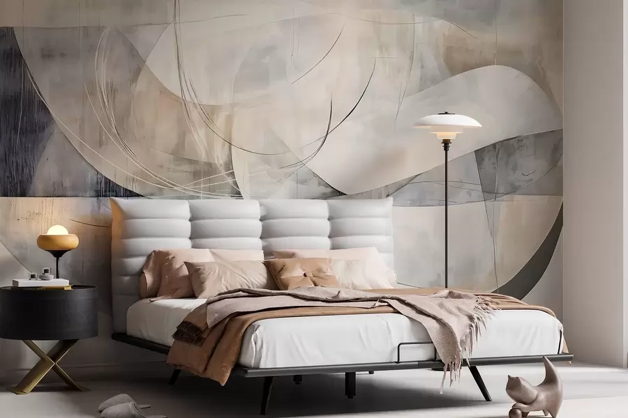 murales de pared Formas abstractas en tonos blancos, grises, beige y azules sobre un fondo de textura difuminada w08461