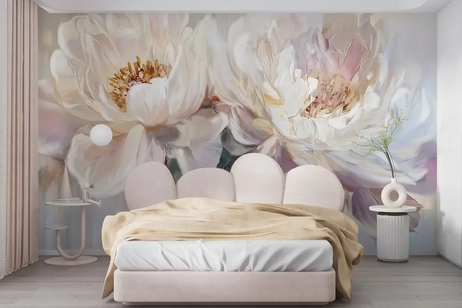 murales de pared Suaves y delicadas peonías blancas y rosa pastel con exuberantes pétalos sobre un fondo difuminado que imita una pintura w08466