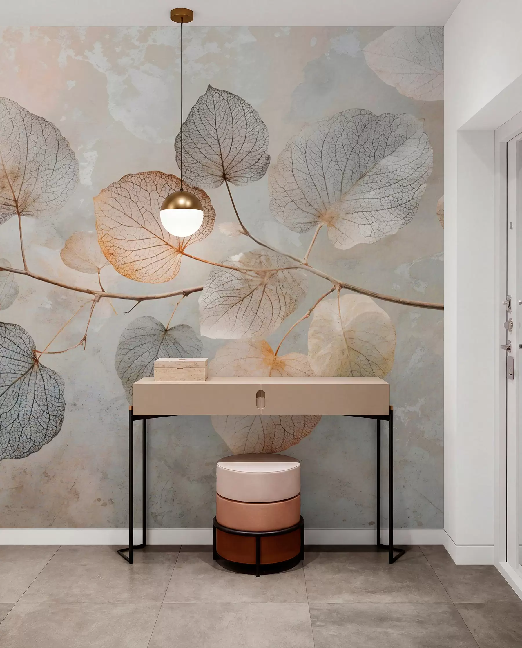 murales de pared Delicadas hojas con intrincadas vetas y colores suaves y apagados sobre un fondo de textura pálida w08469