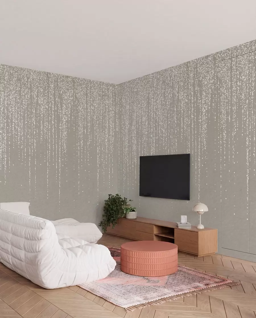 murales de pared Un elegante estampado vertical de guirnaldas punteadas sobre un fondo de textura beige, que crea una sensación de profundidad y movimiento w08470