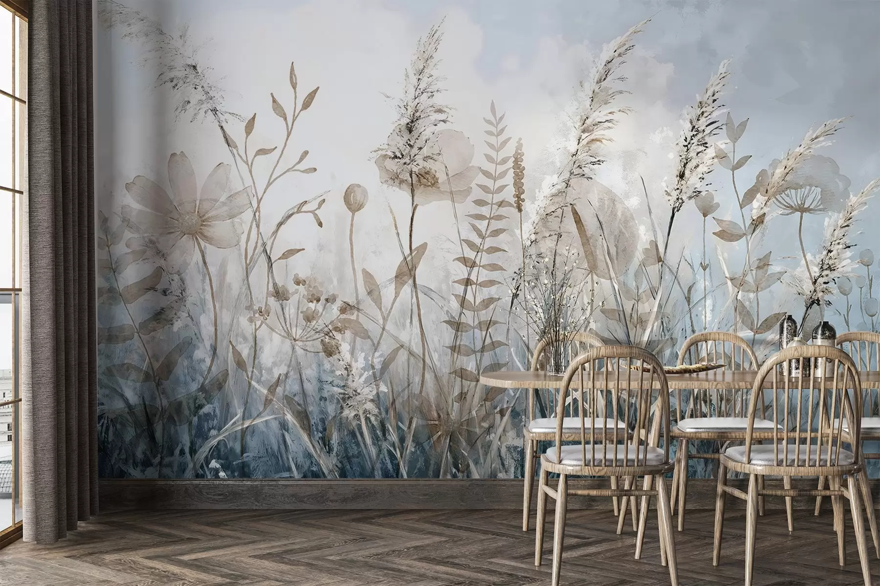 murales de pared Un campo de hierba alta, follaje natural y plantas con texturas suaves y difusas contra un cielo nublado y brumoso w08472