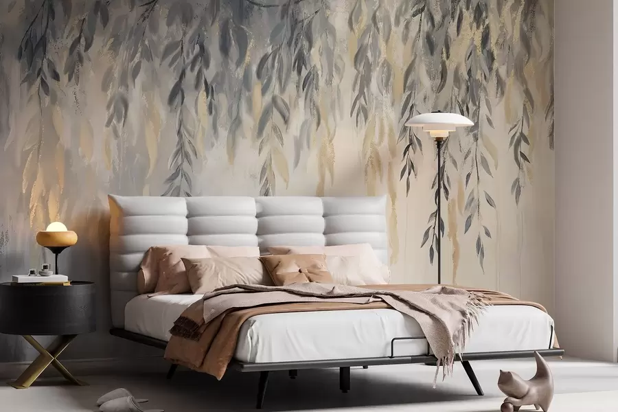 murales de pared Ramas de sauce con delicadas hojas colgando sobre un fondo de textura suave y difuminada w08473