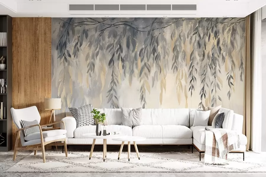 murales de pared Ramas de sauce con delicadas hojas colgando sobre un fondo de textura suave y difuminada w08473