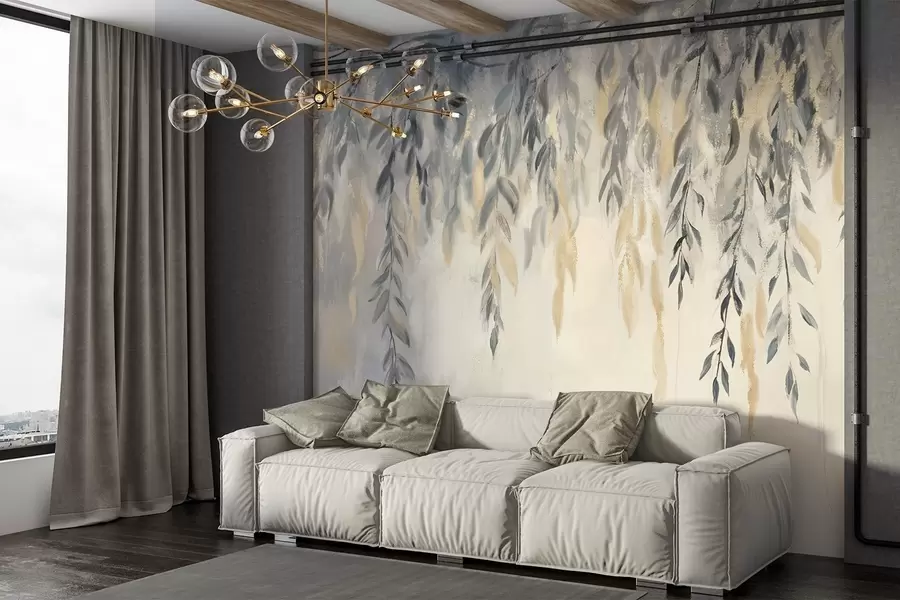 murales de pared Ramas de sauce con delicadas hojas colgando sobre un fondo de textura suave y difuminada w08473