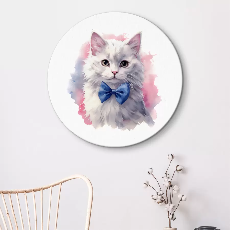 murales de pared Gato blanco esponjoso con un lazo azul en el cuello, acuarela, animal, color gris, blanco, rosa, azul r38479