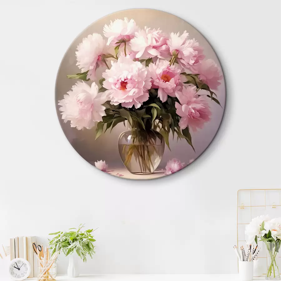 murales de pared Peonías rosas en un jarrón de cristal sobre fondo negro, pintura al óleo de imitación, flores r38482