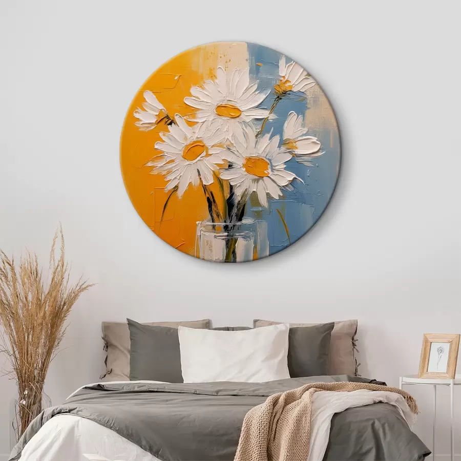 murales de pared Margaritas blancas en un jarrón de cristal sobre fondo azul y amarillo, imitación de pintura al óleo, grandes trazos r38907