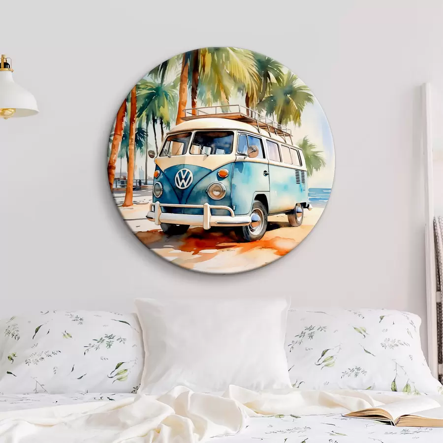 murales de pared Un coche de viaje está estacionado en la playa con un fondo de acuarela de palmeras r38911