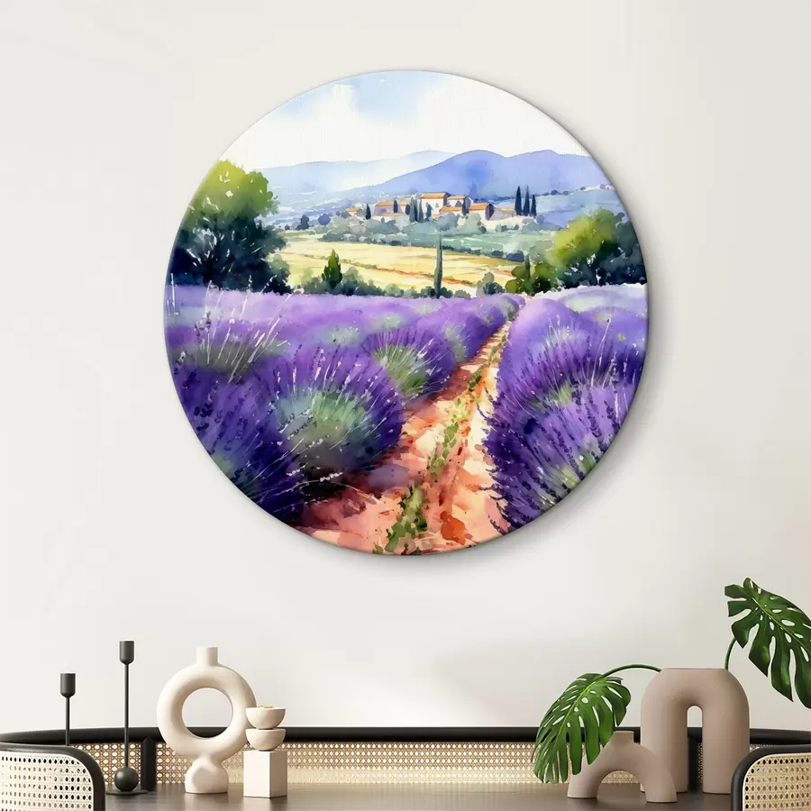 murales de pared Campo de lavanda acuarela sobre un fondo de montañas y campo r38913