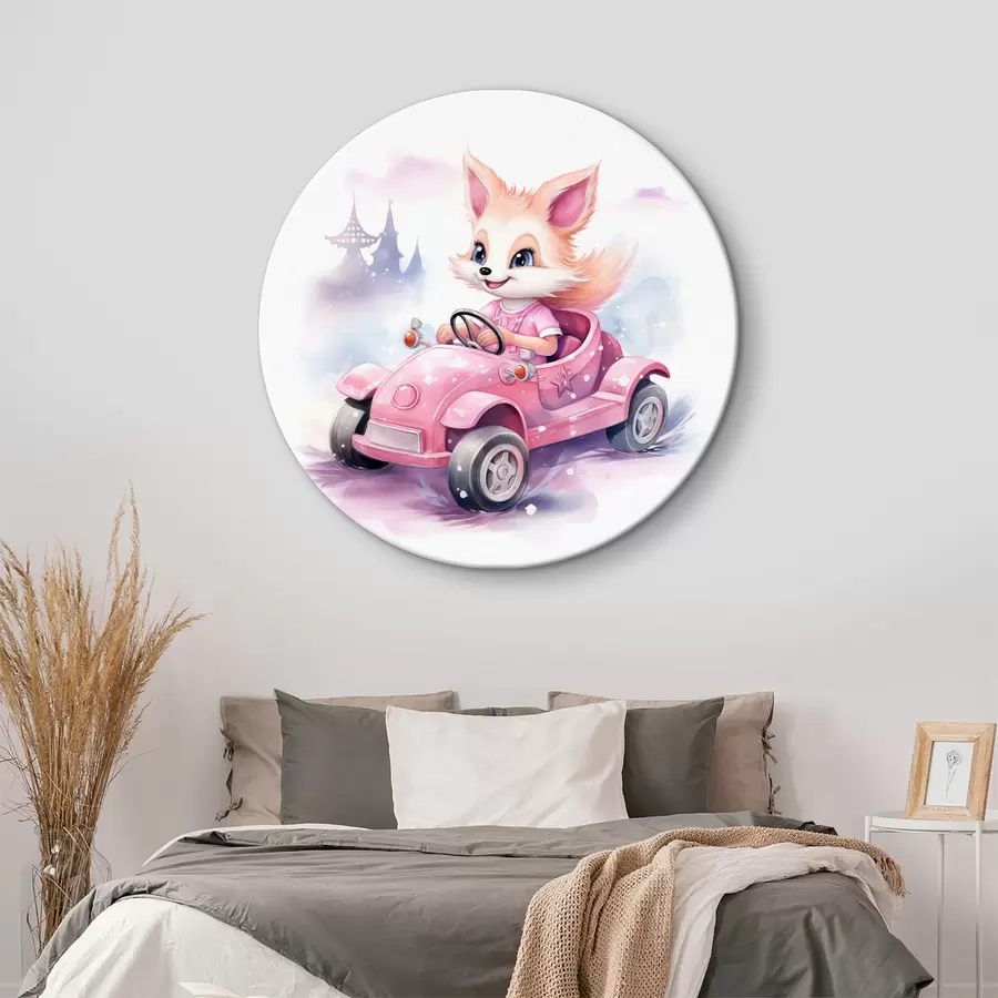 murales de pared Zorrito monta un coche rosa ilustración infantil en acuarela r38943
