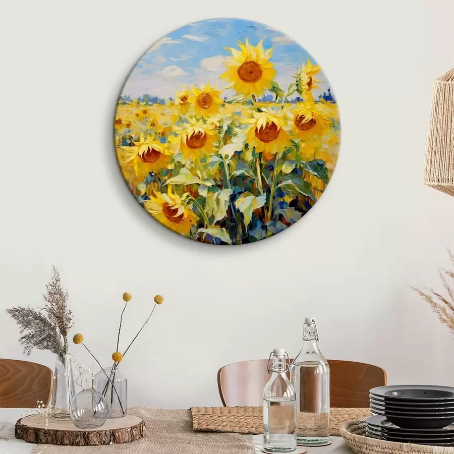 murales de pared Cuadro al óleo de campo de girasoles, color amarillo y azul r38953
