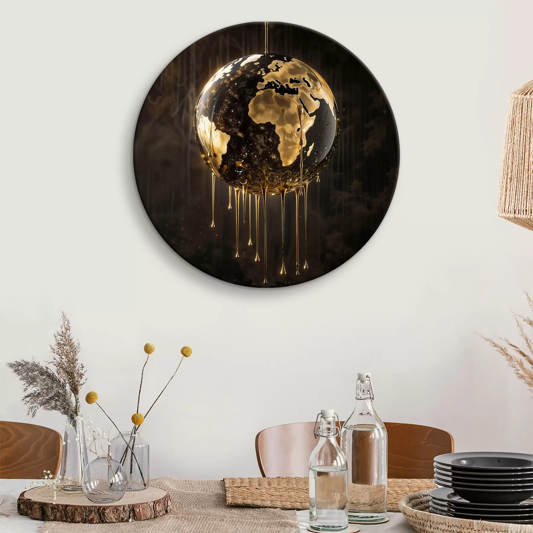 murales de pared Un globo resplandeciente que representa la Tierra rodeada de líquido goteante sobre un fondo oscuro r38983