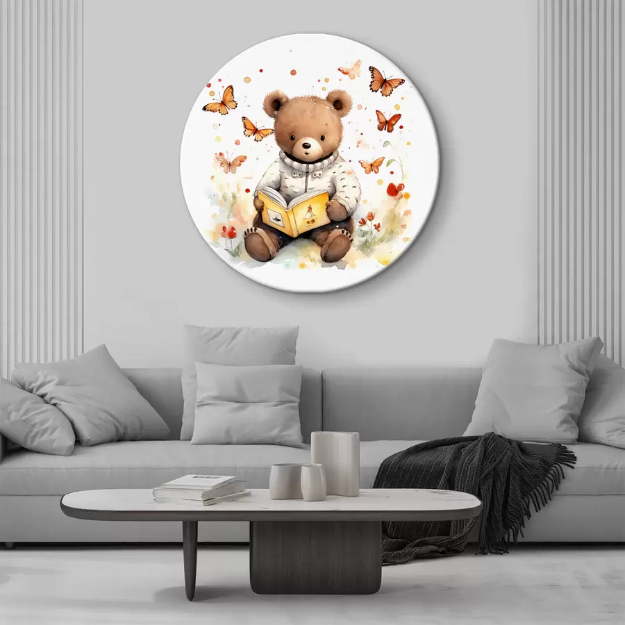 murales de pared Un cachorro de oso pardo con un suéter lee un libro rodeado de mariposas acuarelas r39025