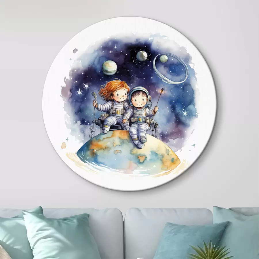 murales de pared Niños en trajes espaciales sentados en un planeta en el espacio ilustración de acuarela para niños r39117