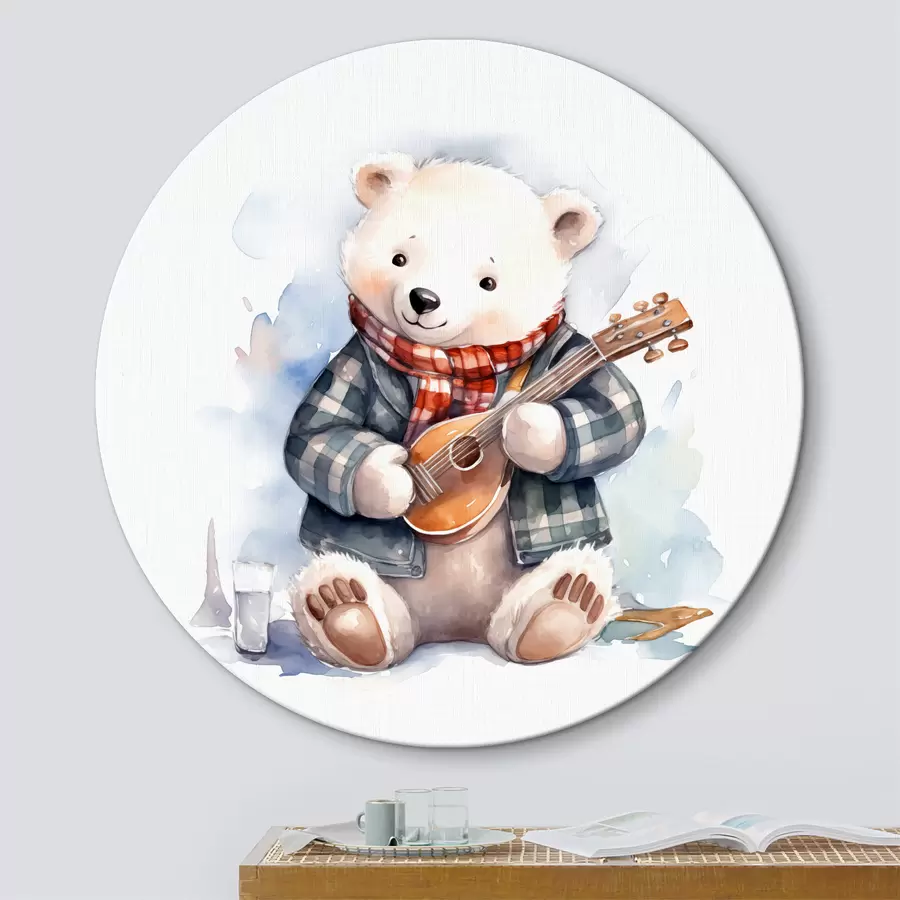murales de pared Un músico de oso polar con un traje azul a cuadros y una bufanda roja toca la ilustración acuarela de los niños de la guitarra r39120