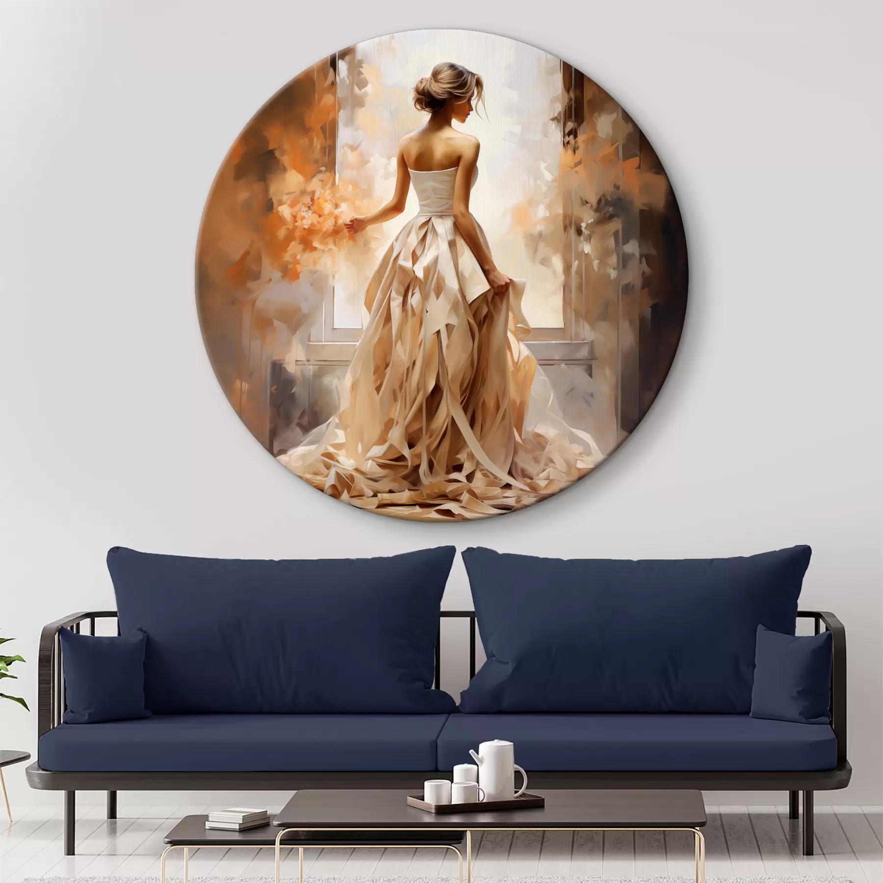 murales de pared Una chica con un vestido largo de novia blanco se encuentra junto a la ventana entre el fuego, pintando con hechos a mano r39125