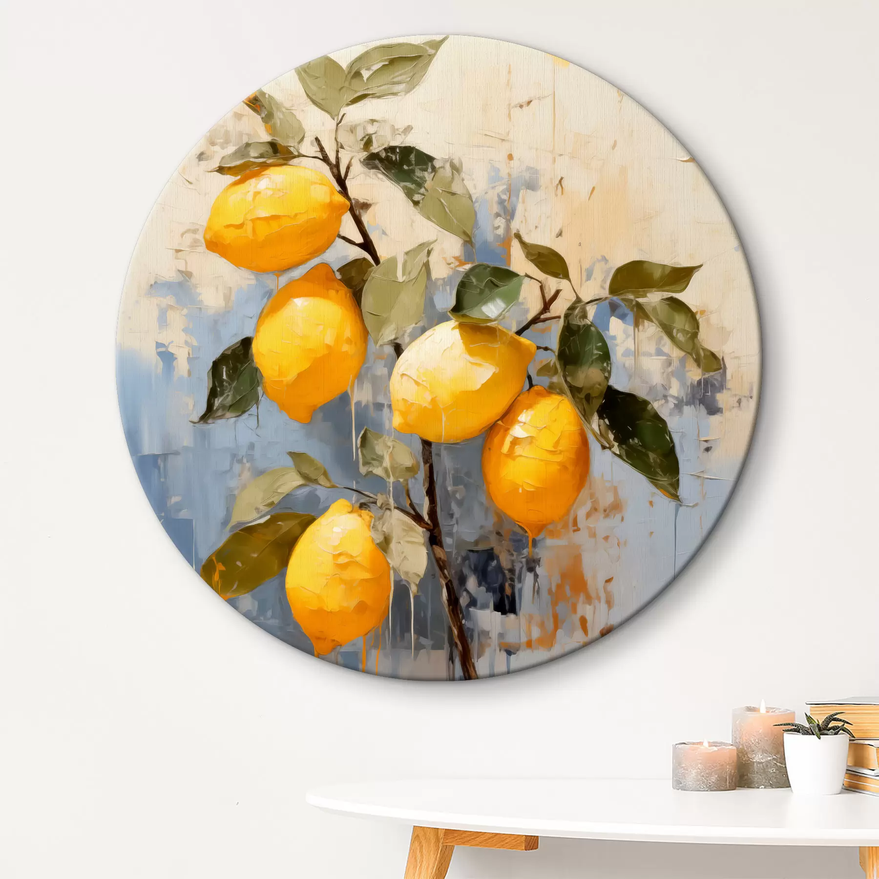 murales de pared Rama con limones maduros pintura al óleo arte abstracto, color amarillo, azul y verde r39186