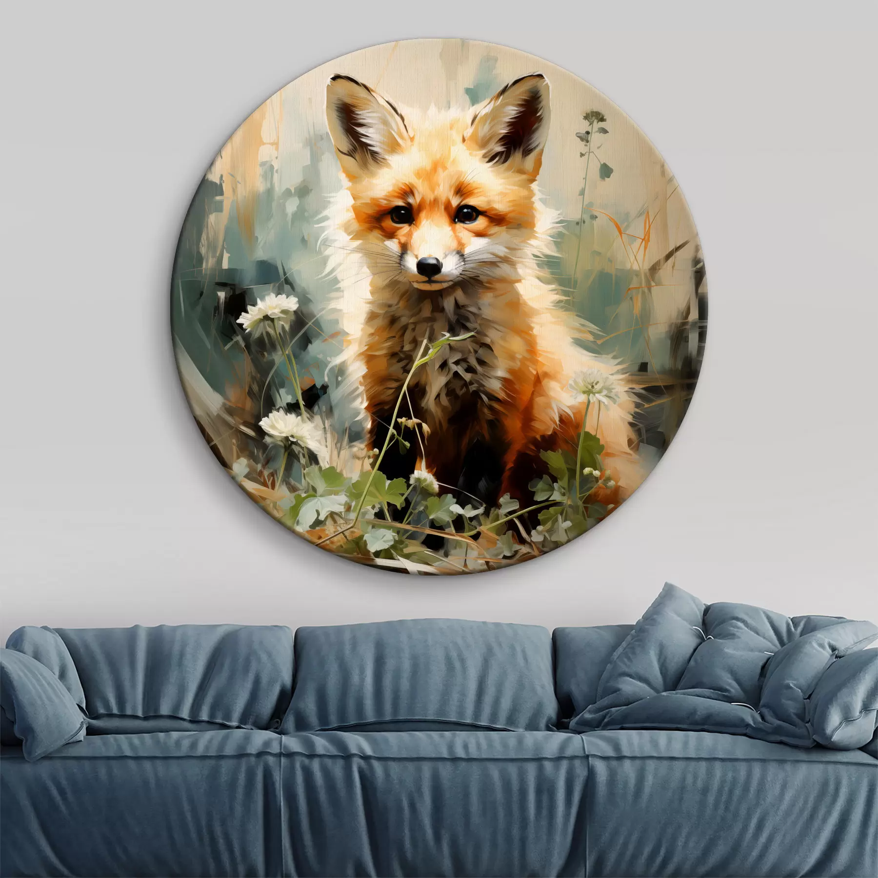 murales de pared Zorro rojo sentado en la hierba seca sobre una pintura al óleo de fondo verde r39191